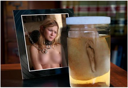 Yup, Thats right... So the inference here is that this sad looking girl was kept as a slave, tortured to death and then had her vagina put in a jar as a trophy. Thats normal to think about, right? I mean the photo positioning is pretty hilarious but WTF.